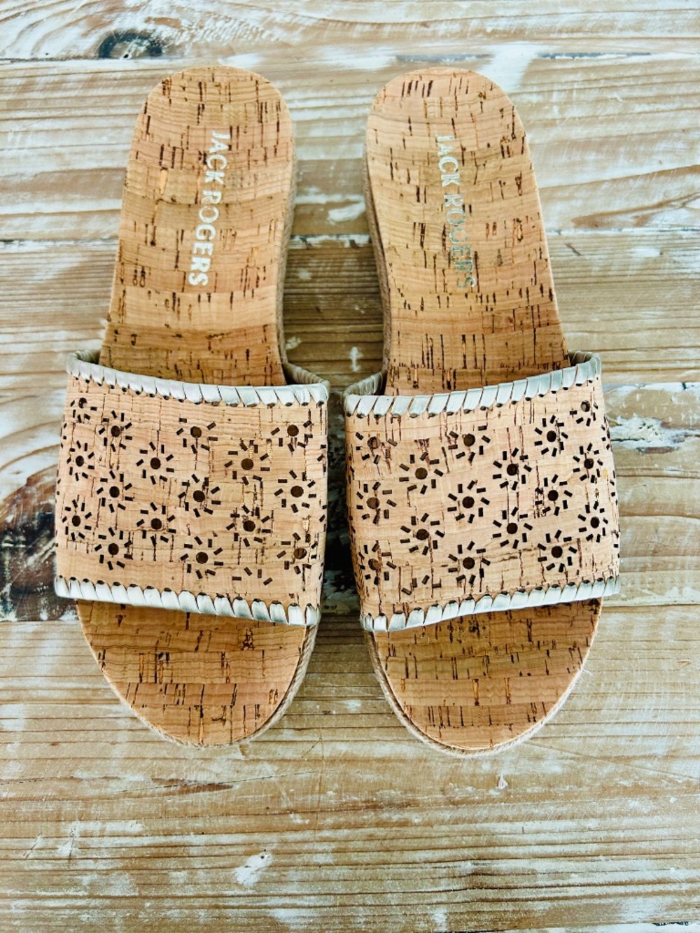 Jack Rogers Cork Platform Slide Sandals Gold Whipstitch Floral Perforated Sz 9